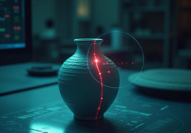 Eine KI-Software-Oberfläche hebt einen winzigen Haarriss auf einer handgetöpferten Vase hervor.